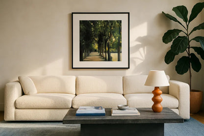 Promenade Crop by Julia Purinton. Displayed in a glass frame with matte in a clean modern living room. Available as an archival giclee rolled canvas, fine art paper, or poster print. SKU 16192a.