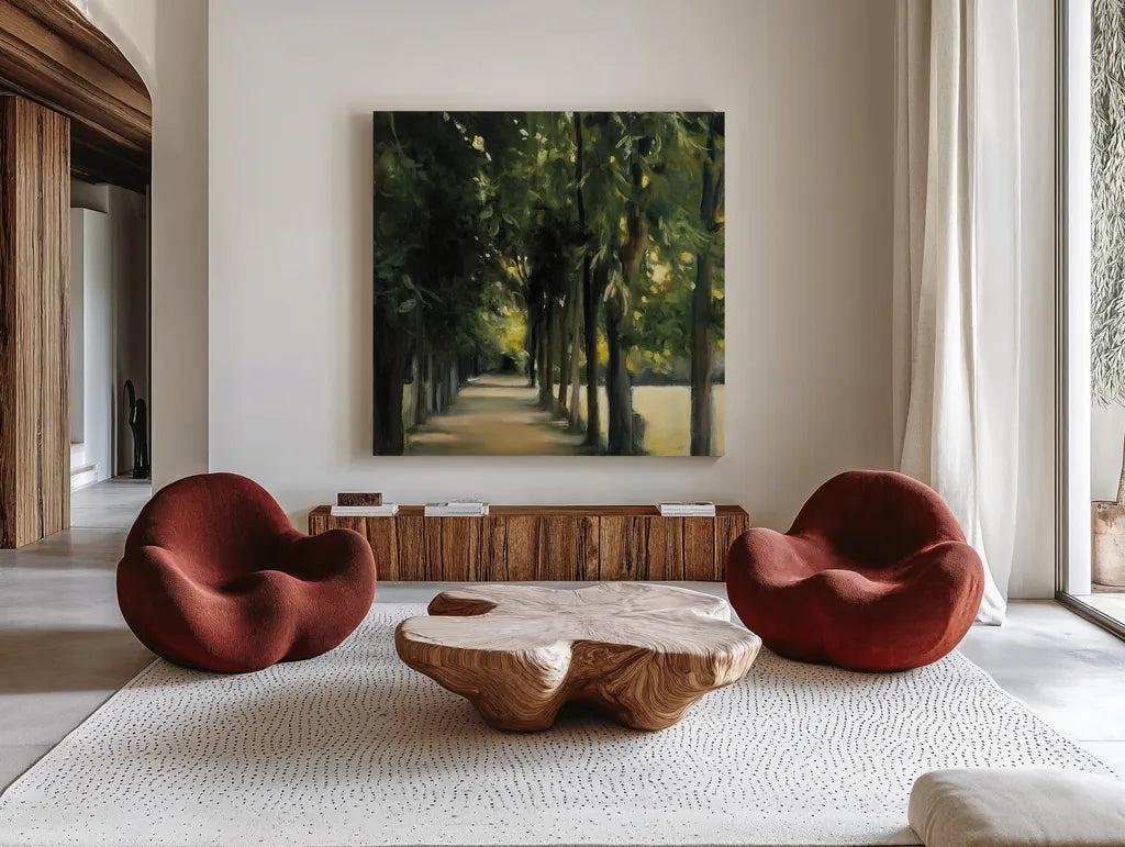 Promenade Crop by Julia Purinton. Shown as extra-large giant wall art in a modern living room. Available as an archival giclee rolled canvas, fine art paper, or poster print. SKU 16192a.