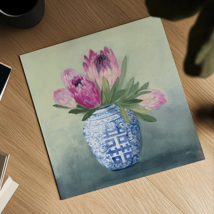 Protea Chinoiserie I by Julia Purinton. Shown as a detailed flat fine art print, highlighting archival giclee quality. Available as an archival giclee rolled canvas, fine art paper, or poster print. SKU 72077a.