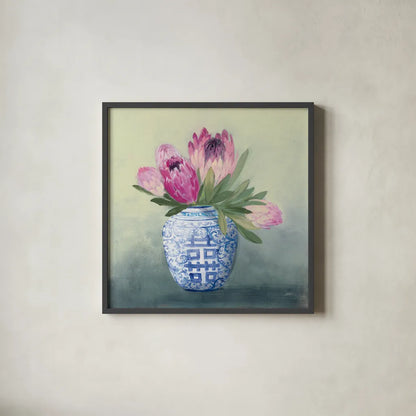 Protea Chinoiserie I by Julia Purinton. Shown in a sleek black glass frame for a contemporary gallery look. Available as an archival giclee rolled canvas, fine art paper, or poster print. SKU 72077a.