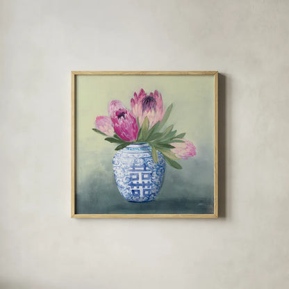 Protea Chinoiserie I by Julia Purinton. Shown in a natural wood glass frame for a timeless modern aesthetic. Available as an archival giclee rolled canvas, fine art paper, or poster print. SKU 72077a.