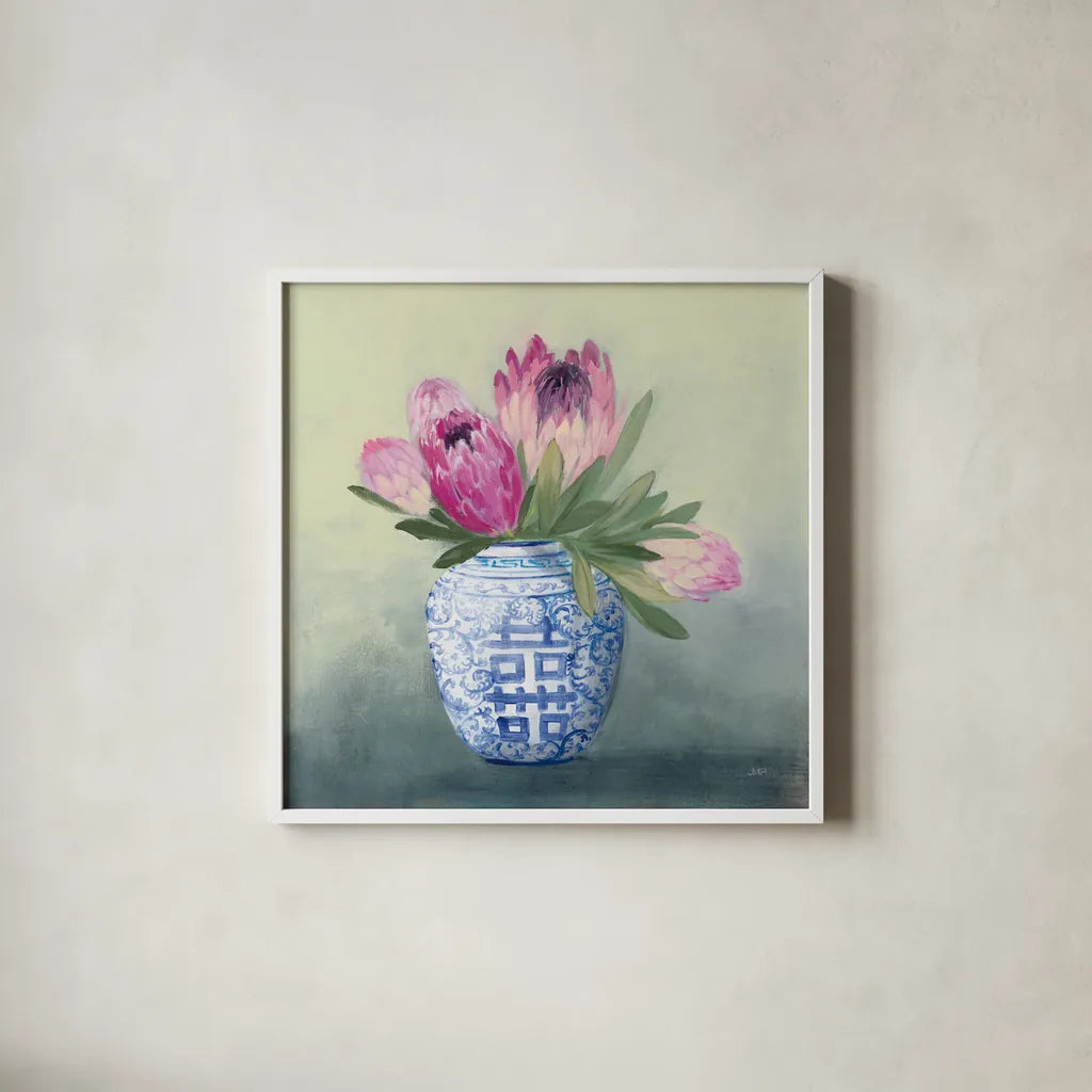 Protea Chinoiserie I by Julia Purinton. Shown in a crisp white glass frame for a clean and minimalist style. Available as an archival giclee rolled canvas, fine art paper, or poster print. SKU 72077a.