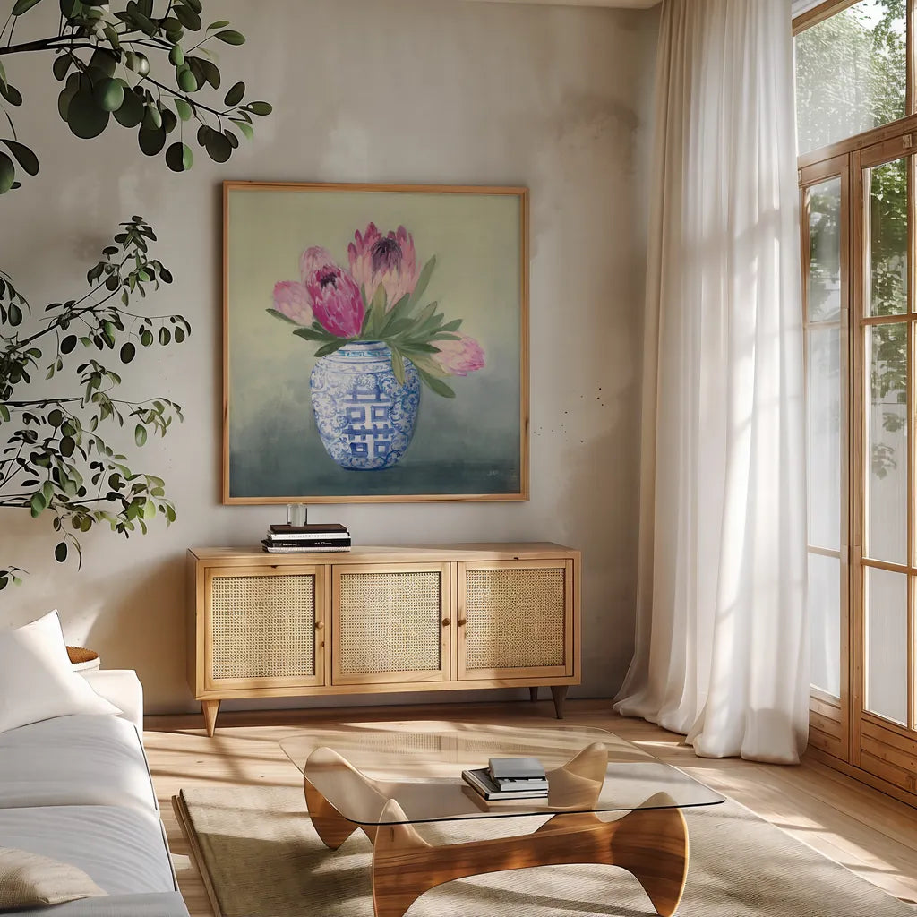 Protea Chinoiserie I by Julia Purinton. Shown in a natural wood frame in a cozy modern living room. Available as an archival giclee rolled canvas, fine art paper, or poster print. SKU 72077a.