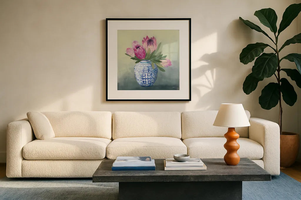 Protea Chinoiserie I by Julia Purinton. Displayed in a glass frame with matte in a clean modern living room. Available as an archival giclee rolled canvas, fine art paper, or poster print. SKU 72077a.