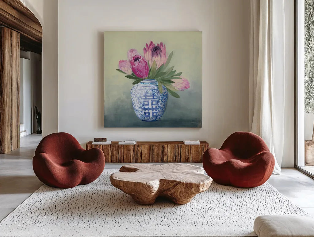 Protea Chinoiserie I by Julia Purinton. Shown as extra-large giant wall art in a modern living room. Available as an archival giclee rolled canvas, fine art paper, or poster print. SKU 72077a.