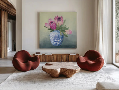 Protea Chinoiserie I by Julia Purinton. Shown as extra-large giant wall art in a modern living room. Available as an archival giclee rolled canvas, fine art paper, or poster print. SKU 72077a.