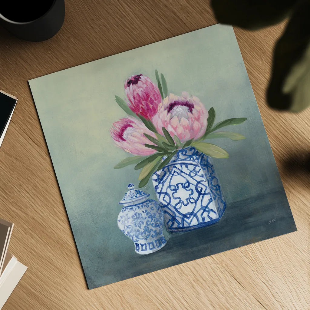 Protea Chinoiserie II by Julia Purinton. Shown as a detailed flat fine art print, highlighting archival giclee quality. Available as an archival giclee rolled canvas, fine art paper, or poster print. SKU 72078a.