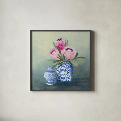 Protea Chinoiserie II by Julia Purinton. Shown in a sleek black glass frame for a contemporary gallery look. Available as an archival giclee rolled canvas, fine art paper, or poster print. SKU 72078a.