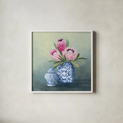 Protea Chinoiserie II by Julia Purinton. Shown in a crisp white glass frame for a clean and minimalist style. Available as an archival giclee rolled canvas, fine art paper, or poster print. SKU 72078a.