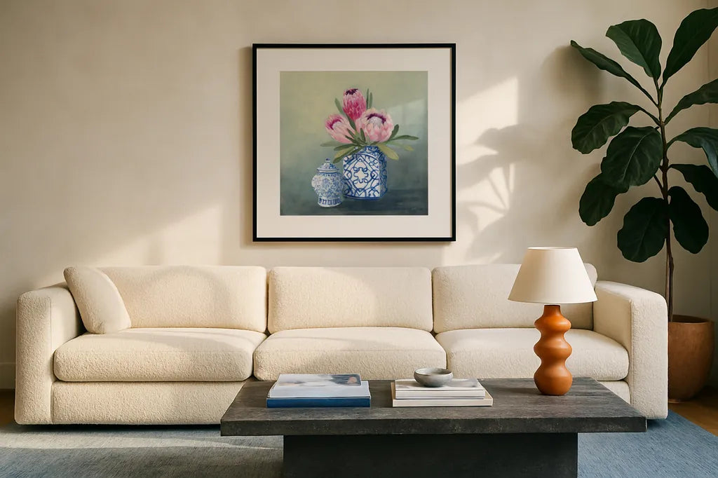 Protea Chinoiserie II by Julia Purinton. Displayed in a glass frame with matte in a clean modern living room. Available as an archival giclee rolled canvas, fine art paper, or poster print. SKU 72078a.