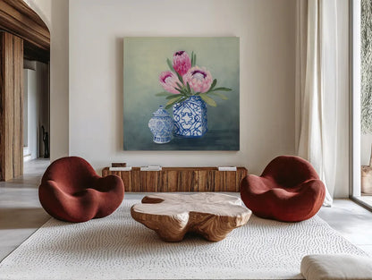 Protea Chinoiserie II by Julia Purinton. Shown as extra-large giant wall art in a modern living room. Available as an archival giclee rolled canvas, fine art paper, or poster print. SKU 72078a.