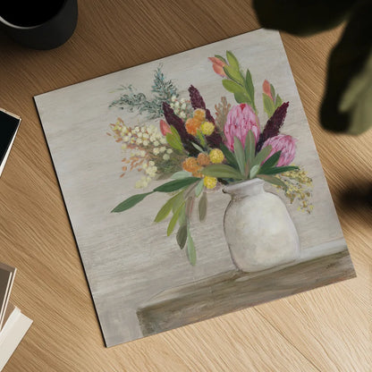 Protea Still Life I by Julia Purinton. Shown as a detailed flat fine art print, highlighting archival giclee quality. Available as an archival giclee rolled canvas, fine art paper, or poster print. SKU 75694a.