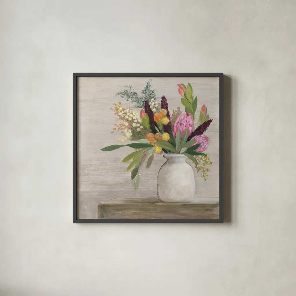 Protea Still Life I by Julia Purinton. Shown in a sleek black glass frame for a contemporary gallery look. Available as an archival giclee rolled canvas, fine art paper, or poster print. SKU 75694a.