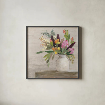 Protea Still Life I by Julia Purinton. Shown in a sleek black glass frame for a contemporary gallery look. Available as an archival giclee rolled canvas, fine art paper, or poster print. SKU 75694a.