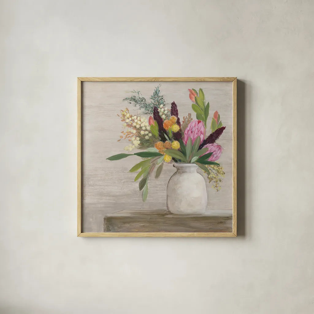Protea Still Life I by Julia Purinton. Shown in a natural wood glass frame for a timeless modern aesthetic. Available as an archival giclee rolled canvas, fine art paper, or poster print. SKU 75694a.