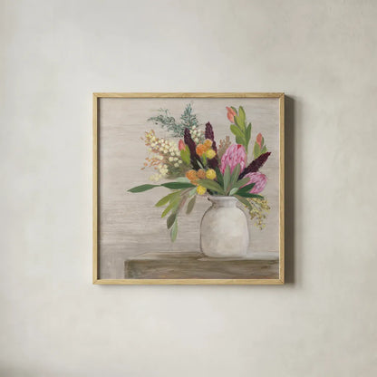 Protea Still Life I by Julia Purinton. Shown in a natural wood glass frame for a timeless modern aesthetic. Available as an archival giclee rolled canvas, fine art paper, or poster print. SKU 75694a.