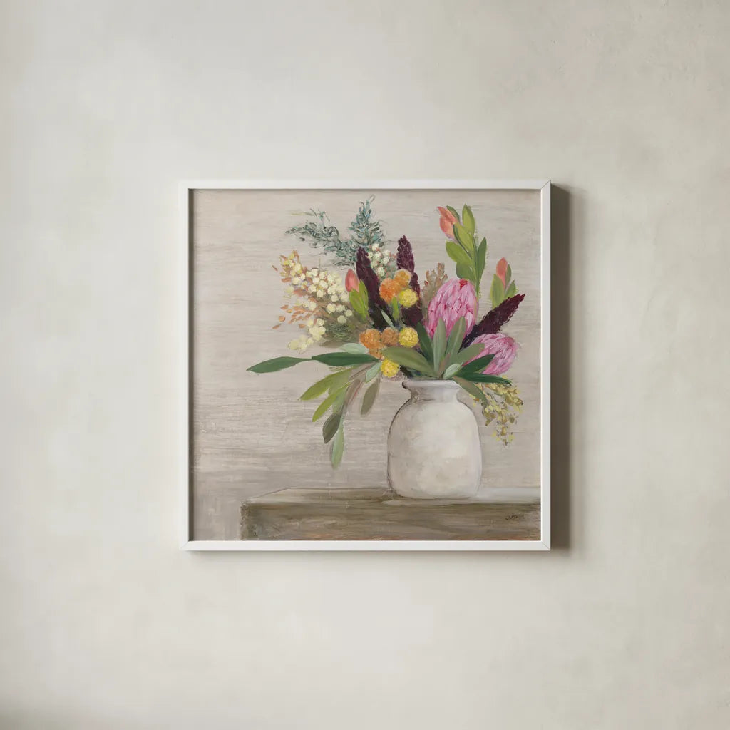 Protea Still Life I by Julia Purinton. Shown in a crisp white glass frame for a clean and minimalist style. Available as an archival giclee rolled canvas, fine art paper, or poster print. SKU 75694a.