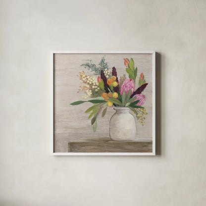 Protea Still Life I by Julia Purinton. Shown in a crisp white glass frame for a clean and minimalist style. Available as an archival giclee rolled canvas, fine art paper, or poster print. SKU 75694a.