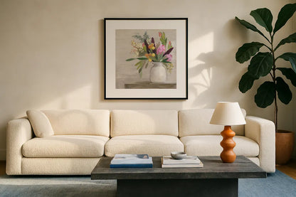 Protea Still Life I by Julia Purinton. Displayed in a glass frame with matte in a clean modern living room. Available as an archival giclee rolled canvas, fine art paper, or poster print. SKU 75694a.