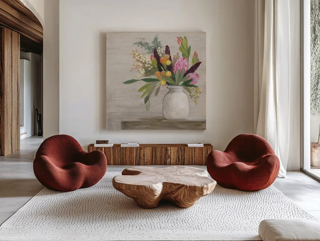 Protea Still Life I by Julia Purinton. Shown as extra-large giant wall art in a modern living room. Available as an archival giclee rolled canvas, fine art paper, or poster print. SKU 75694a.