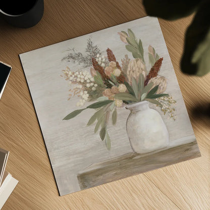 Protea Still Life I Neutral by Julia Purinton. Shown as a detailed flat fine art print, highlighting archival giclee quality. Available as an archival giclee rolled canvas, fine art paper, or poster print. SKU 76367a.