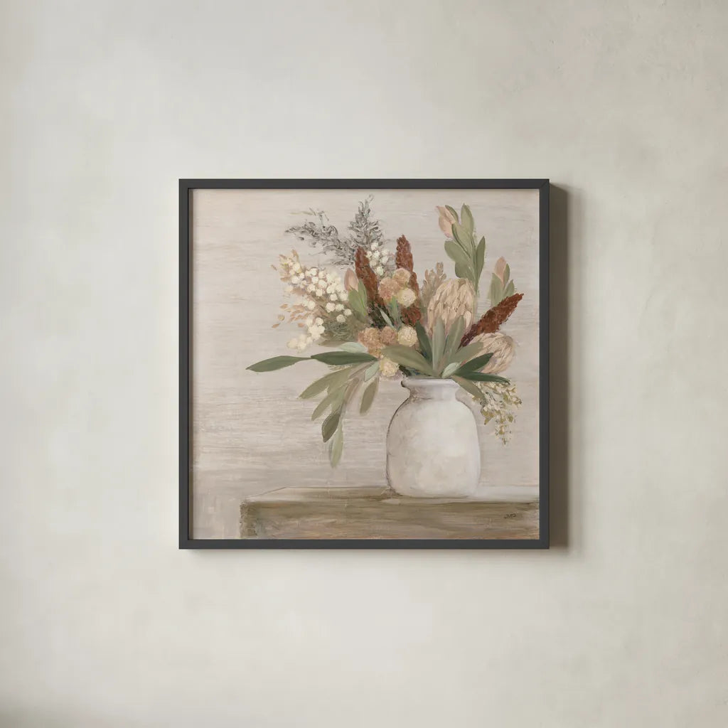 Protea Still Life I Neutral by Julia Purinton. Shown in a sleek black glass frame for a contemporary gallery look. Available as an archival giclee rolled canvas, fine art paper, or poster print. SKU 76367a.
