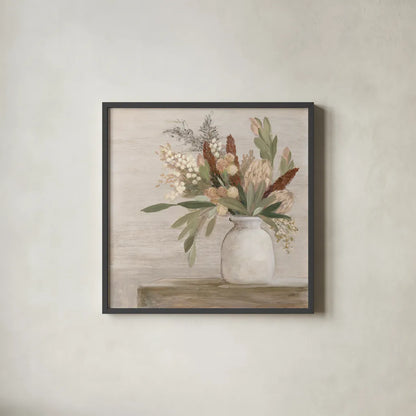Protea Still Life I Neutral by Julia Purinton. Shown in a sleek black glass frame for a contemporary gallery look. Available as an archival giclee rolled canvas, fine art paper, or poster print. SKU 76367a.