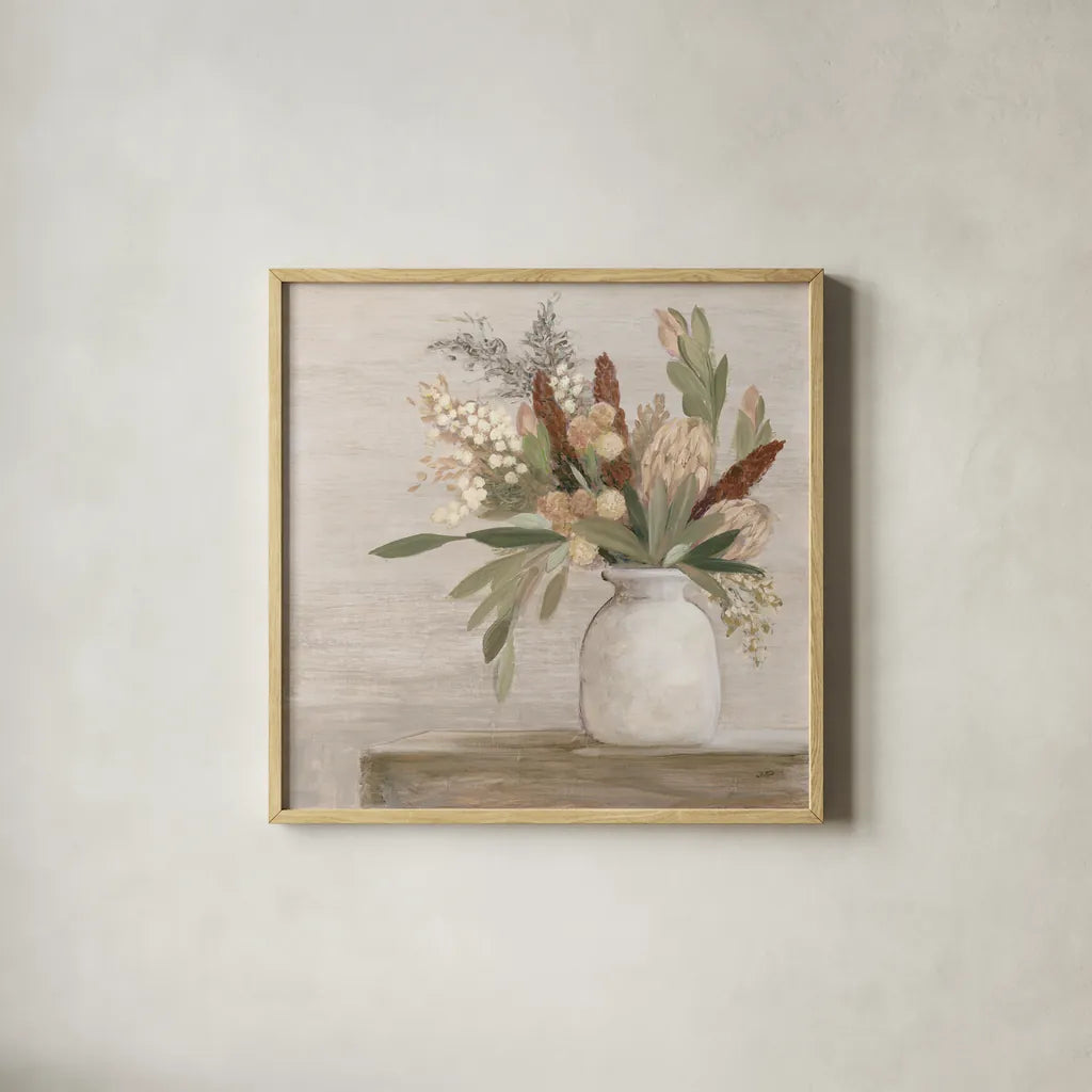 Protea Still Life I Neutral by Julia Purinton. Shown in a natural wood glass frame for a timeless modern aesthetic. Available as an archival giclee rolled canvas, fine art paper, or poster print. SKU 76367a.