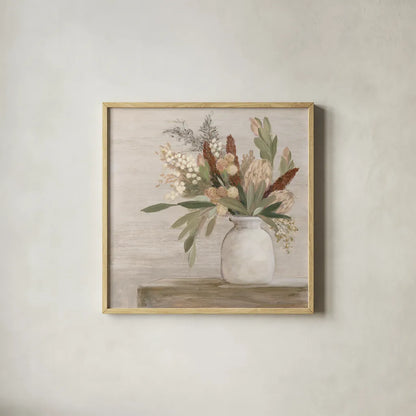Protea Still Life I Neutral by Julia Purinton. Shown in a natural wood glass frame for a timeless modern aesthetic. Available as an archival giclee rolled canvas, fine art paper, or poster print. SKU 76367a.
