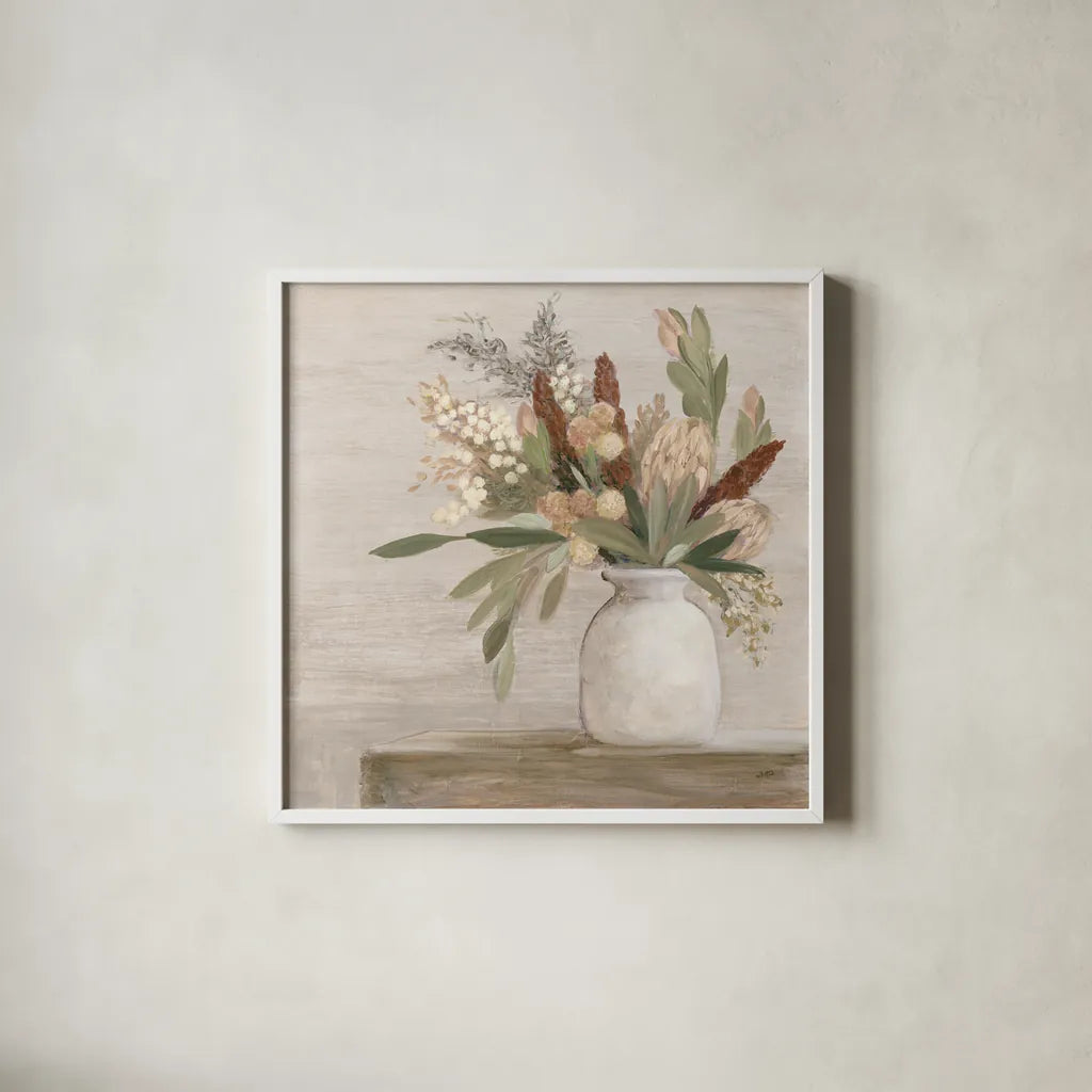 Protea Still Life I Neutral by Julia Purinton. Shown in a crisp white glass frame for a clean and minimalist style. Available as an archival giclee rolled canvas, fine art paper, or poster print. SKU 76367a.