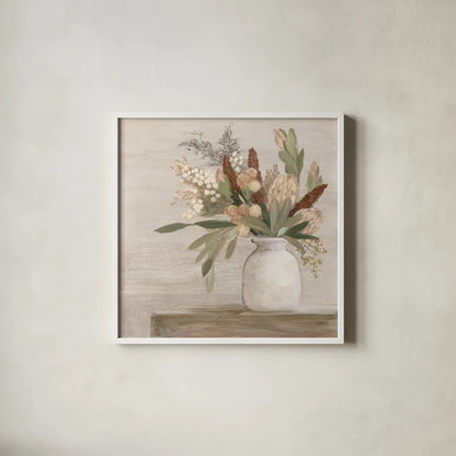 Protea Still Life I Neutral by Julia Purinton. Shown in a crisp white glass frame for a clean and minimalist style. Available as an archival giclee rolled canvas, fine art paper, or poster print. SKU 76367a.