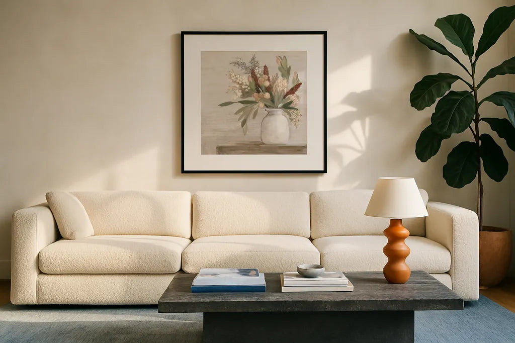 Protea Still Life I Neutral by Julia Purinton. Displayed in a glass frame with matte in a clean modern living room. Available as an archival giclee rolled canvas, fine art paper, or poster print. SKU 76367a.