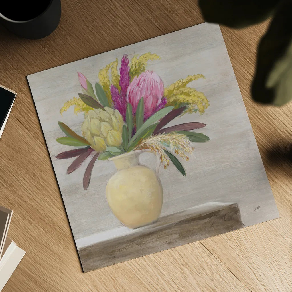 Protea Still Life II by Julia Purinton. Shown as a detailed flat fine art print, highlighting archival giclee quality. Available as an archival giclee rolled canvas, fine art paper, or poster print. SKU 75695a.