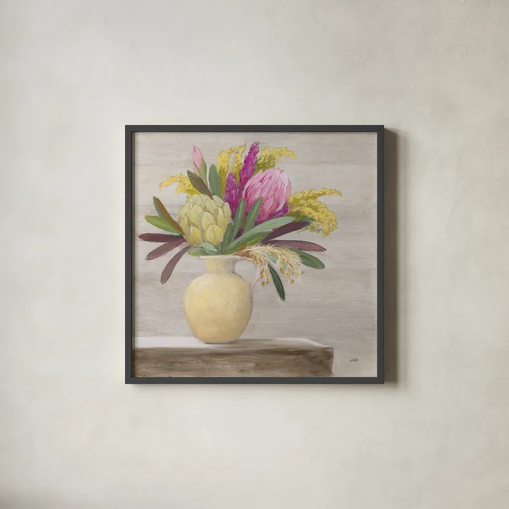 Protea Still Life II by Julia Purinton. Shown in a sleek black glass frame for a contemporary gallery look. Available as an archival giclee rolled canvas, fine art paper, or poster print. SKU 75695a.