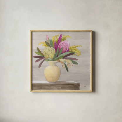 Protea Still Life II by Julia Purinton. Shown in a natural wood glass frame for a timeless modern aesthetic. Available as an archival giclee rolled canvas, fine art paper, or poster print. SKU 75695a.