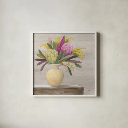 Protea Still Life II by Julia Purinton. Shown in a crisp white glass frame for a clean and minimalist style. Available as an archival giclee rolled canvas, fine art paper, or poster print. SKU 75695a.