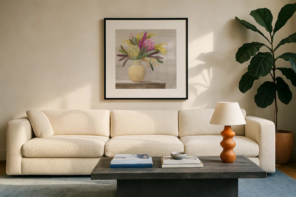 Protea Still Life II by Julia Purinton. Displayed in a glass frame with matte in a clean modern living room. Available as an archival giclee rolled canvas, fine art paper, or poster print. SKU 75695a.
