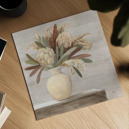 Protea Still Life II Neutral by Julia Purinton. Shown as a detailed flat fine art print, highlighting archival giclee quality. Available as an archival giclee rolled canvas, fine art paper, or poster print. SKU 76368a.