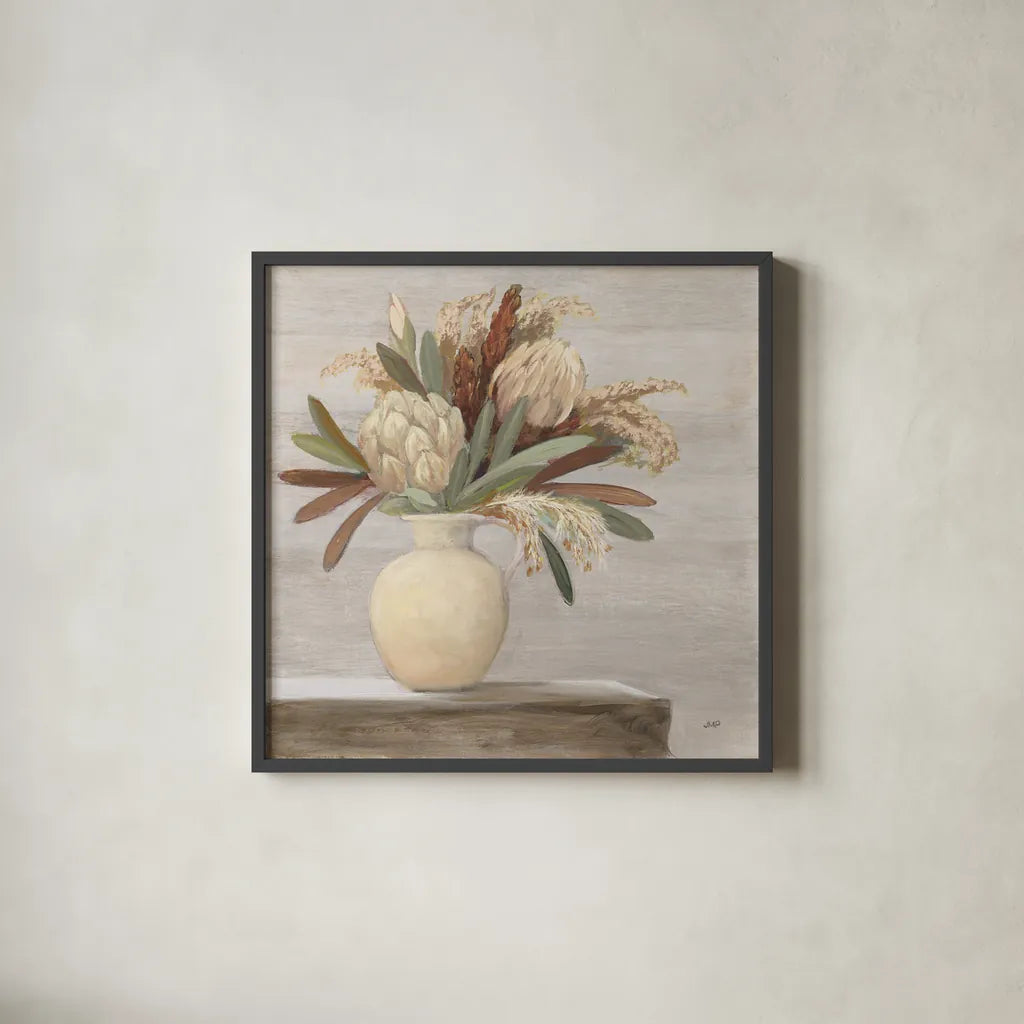Protea Still Life II Neutral by Julia Purinton. Shown in a sleek black glass frame for a contemporary gallery look. Available as an archival giclee rolled canvas, fine art paper, or poster print. SKU 76368a.