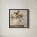 Protea Still Life II Neutral by Julia Purinton. Shown in a sleek black glass frame for a contemporary gallery look. Available as an archival giclee rolled canvas, fine art paper, or poster print. SKU 76368a.