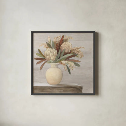 Protea Still Life II Neutral by Julia Purinton. Shown in a sleek black glass frame for a contemporary gallery look. Available as an archival giclee rolled canvas, fine art paper, or poster print. SKU 76368a.