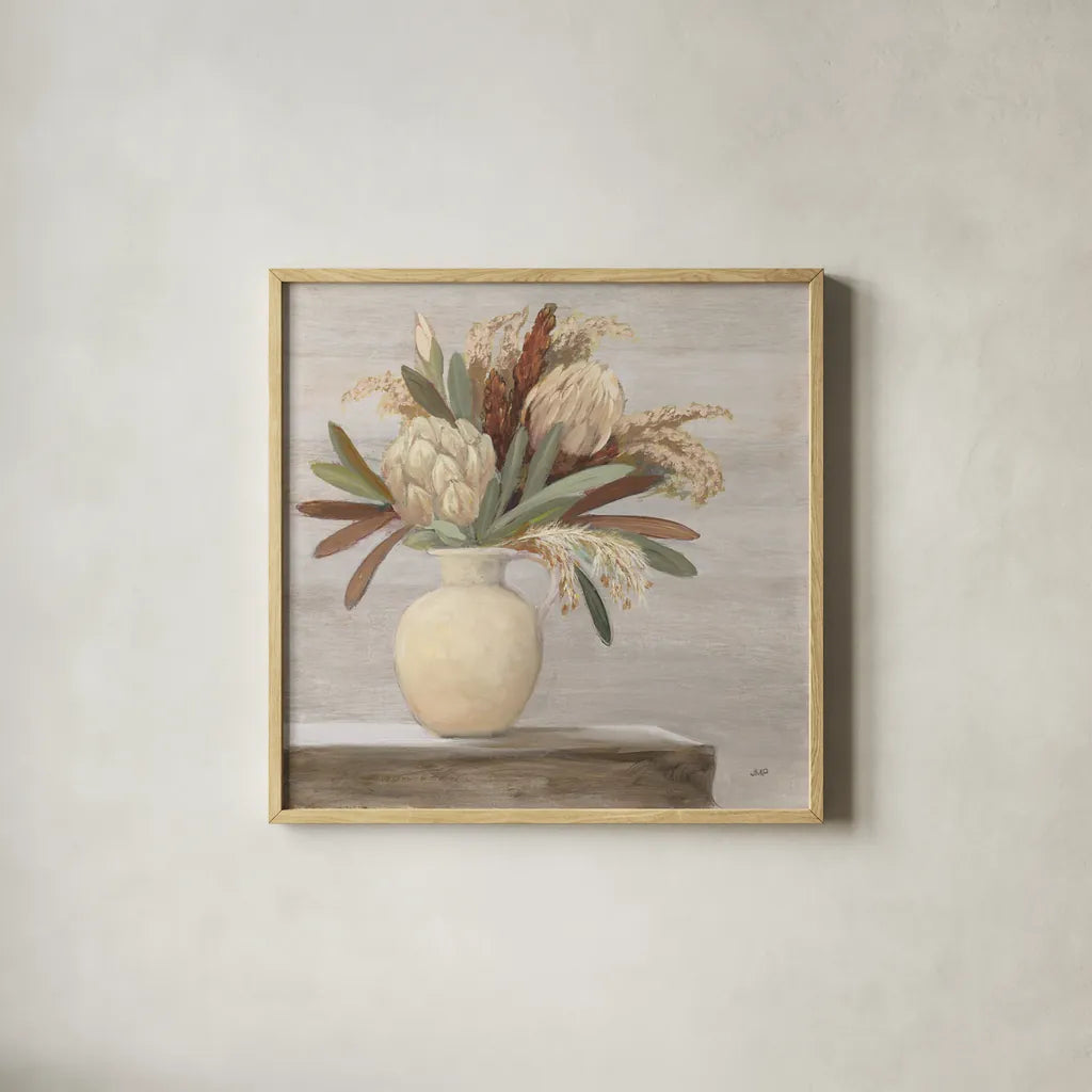 Protea Still Life II Neutral by Julia Purinton. Shown in a natural wood glass frame for a timeless modern aesthetic. Available as an archival giclee rolled canvas, fine art paper, or poster print. SKU 76368a.
