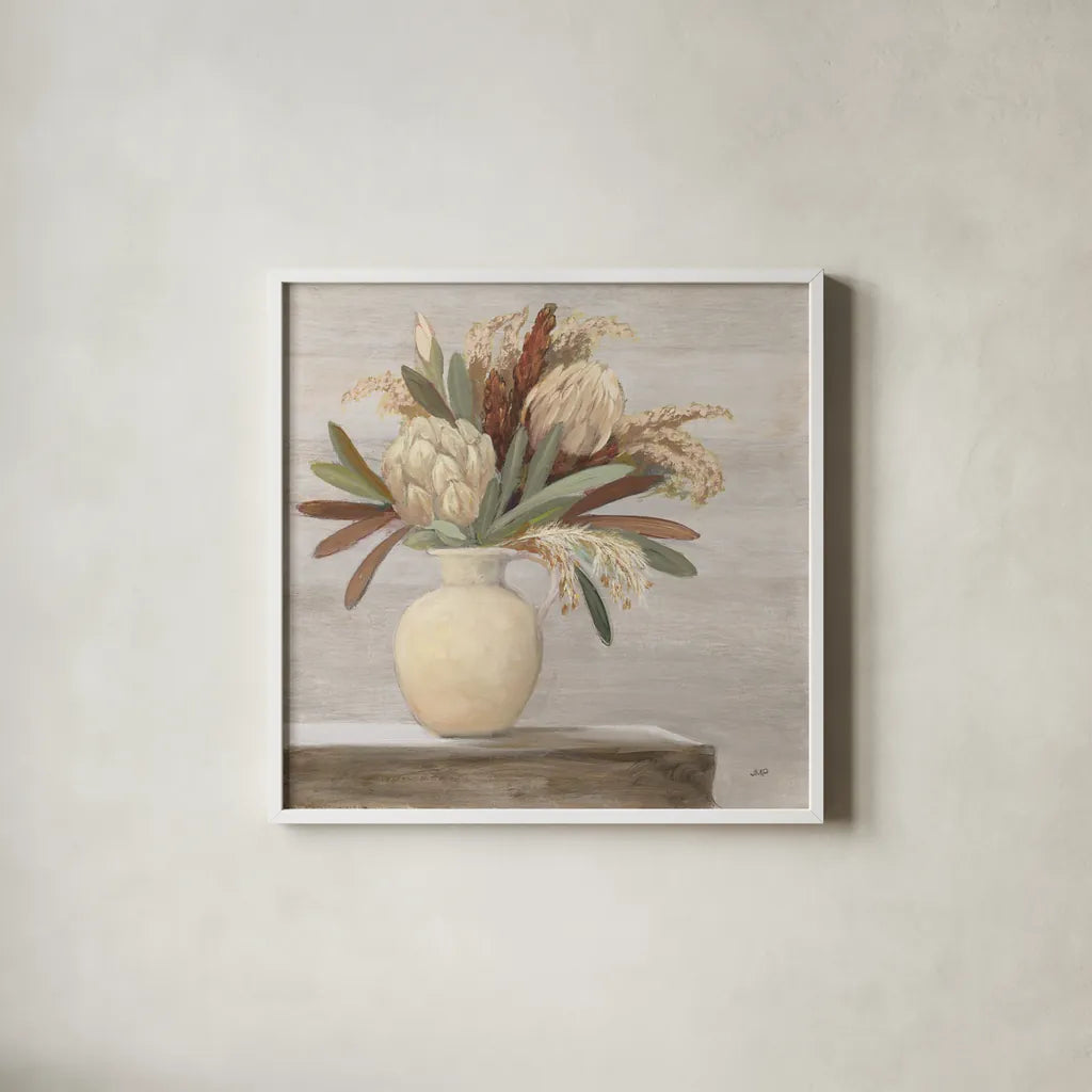 Protea Still Life II Neutral by Julia Purinton. Shown in a crisp white glass frame for a clean and minimalist style. Available as an archival giclee rolled canvas, fine art paper, or poster print. SKU 76368a.