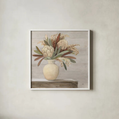 Protea Still Life II Neutral by Julia Purinton. Shown in a crisp white glass frame for a clean and minimalist style. Available as an archival giclee rolled canvas, fine art paper, or poster print. SKU 76368a.