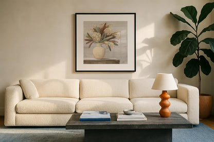 Protea Still Life II Neutral by Julia Purinton. Displayed in a glass frame with matte in a clean modern living room. Available as an archival giclee rolled canvas, fine art paper, or poster print. SKU 76368a.