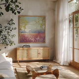 Purple Field Crop by Julia Purinton. Shown in a natural wood frame in a cozy modern living room. Available as an archival giclee rolled canvas, fine art paper, or poster print. SKU 13000a.