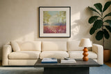 Purple Field Crop by Julia Purinton. Displayed in a glass frame with matte in a clean modern living room. Available as an archival giclee rolled canvas, fine art paper, or poster print. SKU 13000a.