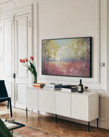 Purple Field Crop by Julia Purinton. shown as a framed stretched canvas in a living room above a console. Available as a archival giclee rolled canvas, fine art paper, or poster print. SKU 13000i.