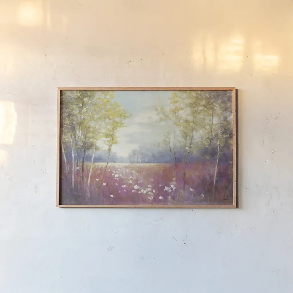 Purple Field Crop by Julia Purinton. shown as a paper print in a natural frame. Available as a archival giclee rolled canvas, fine art paper, or poster print. SKU 13000i.