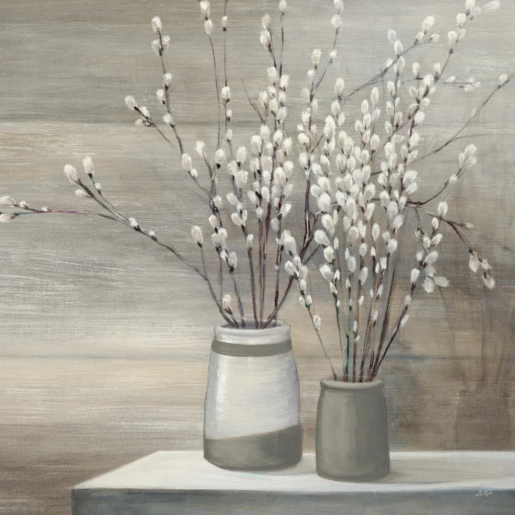 Pussy Willow Still Life Gray Pots Crop by Julia Purinton. SKU 35716a. Archival Giclee Fine art print for wall decor.